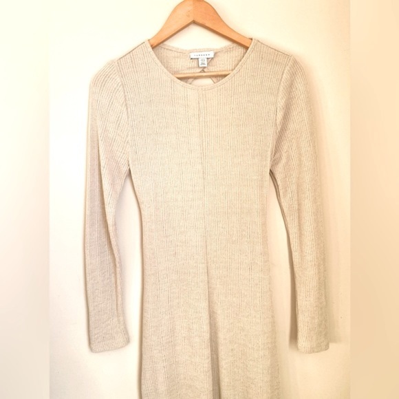 Topshop Women’s 8 Beige Knit Open Back Midi Dress Long Sleeve Bodycon Stretch - Picture 7 of 12